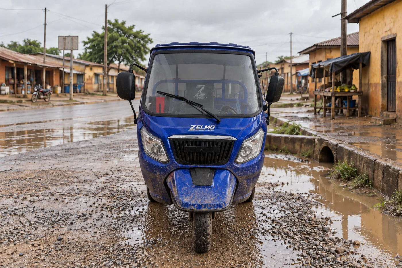 ZELMO carrocería con techo azul vista frontal · Después de la lluvia