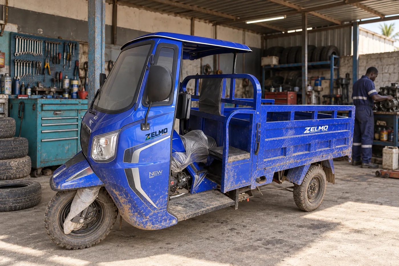 ZELMO carrocería con techo azul vista de tres cuartos delantera · Taller local