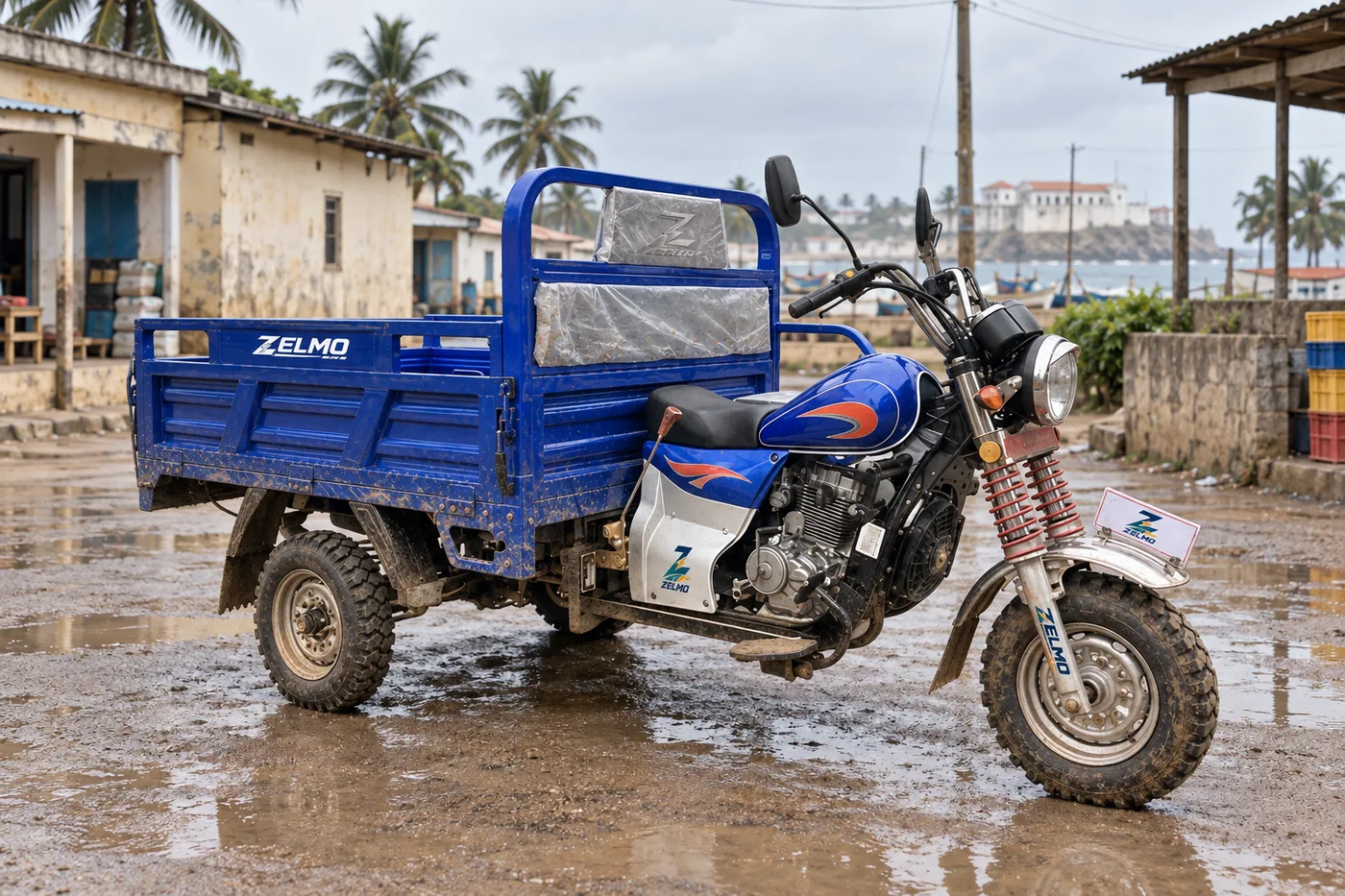 ZELMO carrocería de carga abierta azul vista de tres cuartos delantera · Después de la lluvia