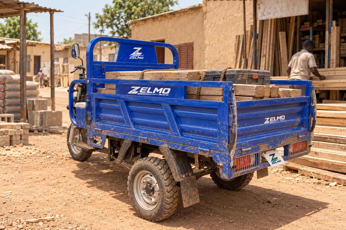 ZELMO carrocería de carga abierta azul vista de tres cuartos trasera · Suministros del barrio
