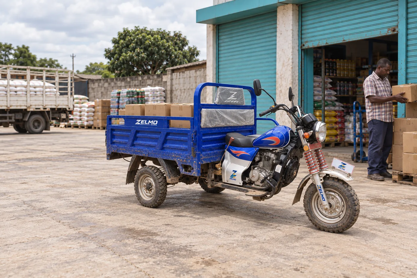 ZELMO carrocería de carga abierta azul vista de tres cuartos delantera · Reposición de tiendas