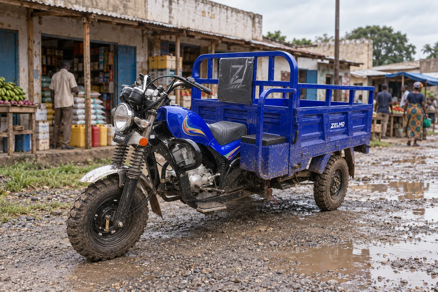 ZELMO carrocería multiuso azul vista de tres cuartos delantera · Después de la lluvia