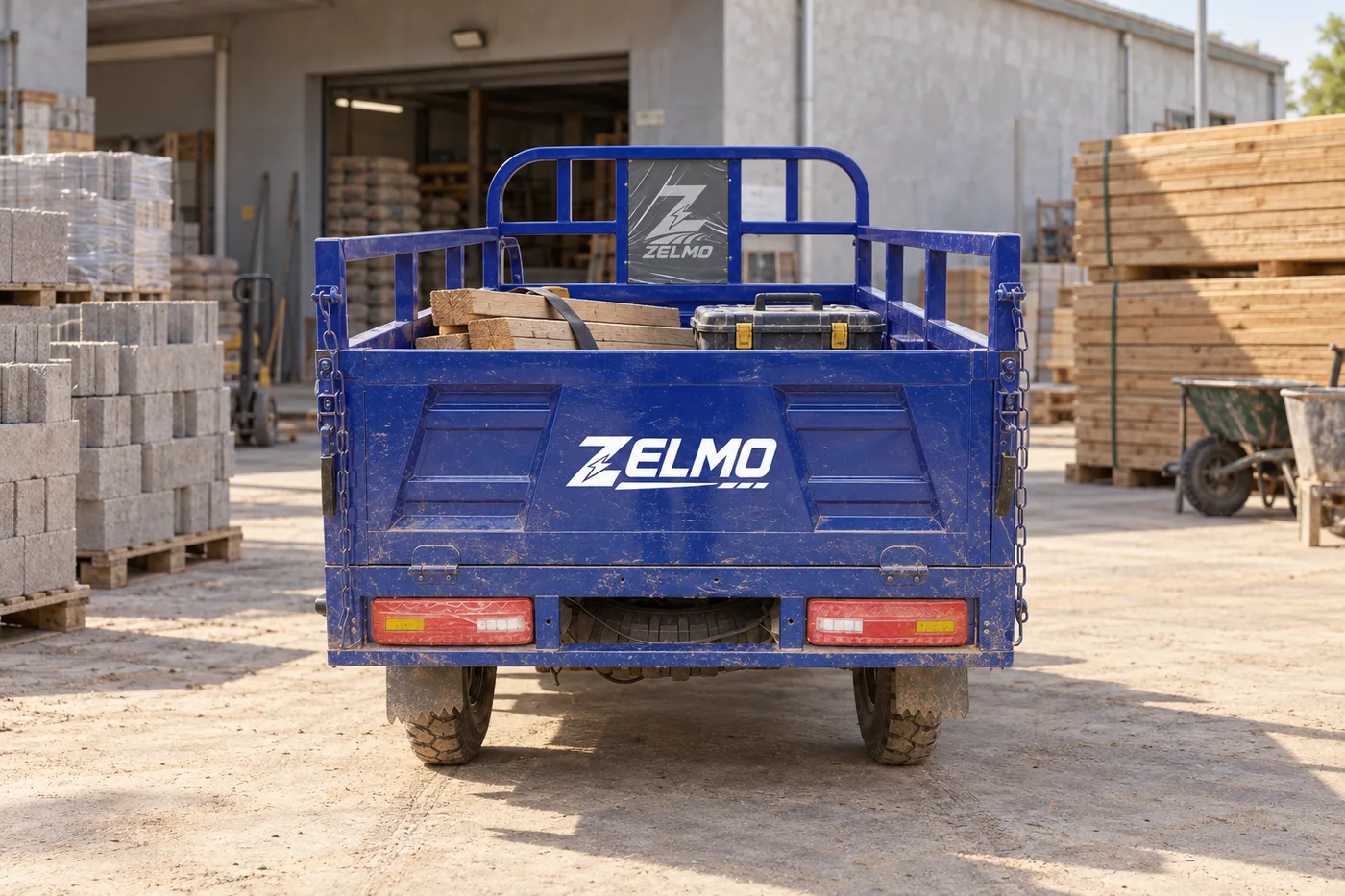 ZELMO carrocería multiuso azul vista trasera · Suministros del barrio